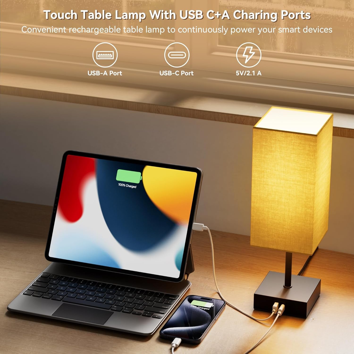 Bedside Lamps Set of 2, Table Lamp for Living Room USB C USB a Charging Ports, 3 Way Dimmable Nightstand Lamps, Beige Lamp Shade Touch Lamps for Bedrooms LED Bulb Included