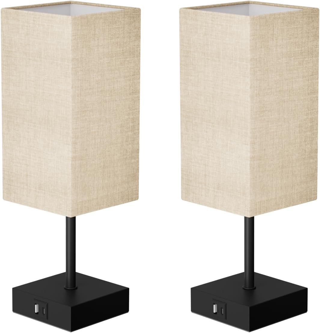 Bedside Lamps Set of 2, Table Lamp for Living Room USB C USB a Charging Ports, 3 Way Dimmable Nightstand Lamps, Beige Lamp Shade Touch Lamps for Bedrooms LED Bulb Included