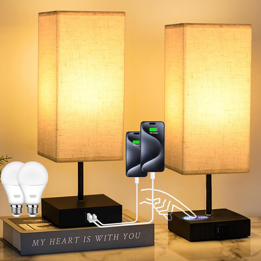 Bedside Lamps Set of 2, Table Lamp for Living Room USB C USB a Charging Ports, 3 Way Dimmable Nightstand Lamps, Beige Lamp Shade Touch Lamps for Bedrooms LED Bulb Included