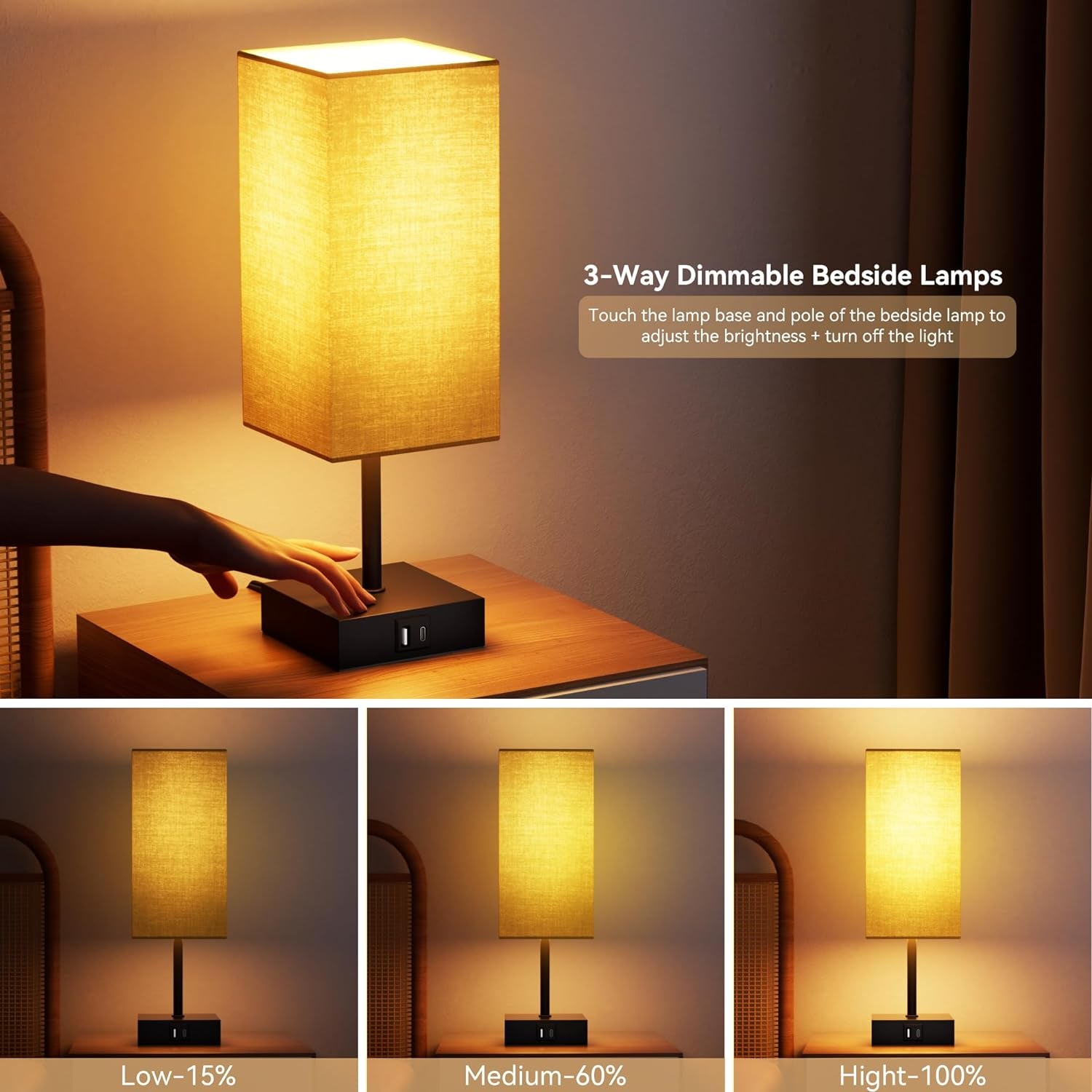 Bedside Lamps Set of 2, Table Lamp for Living Room USB C USB a Charging Ports, 3 Way Dimmable Nightstand Lamps, Beige Lamp Shade Touch Lamps for Bedrooms LED Bulb Included